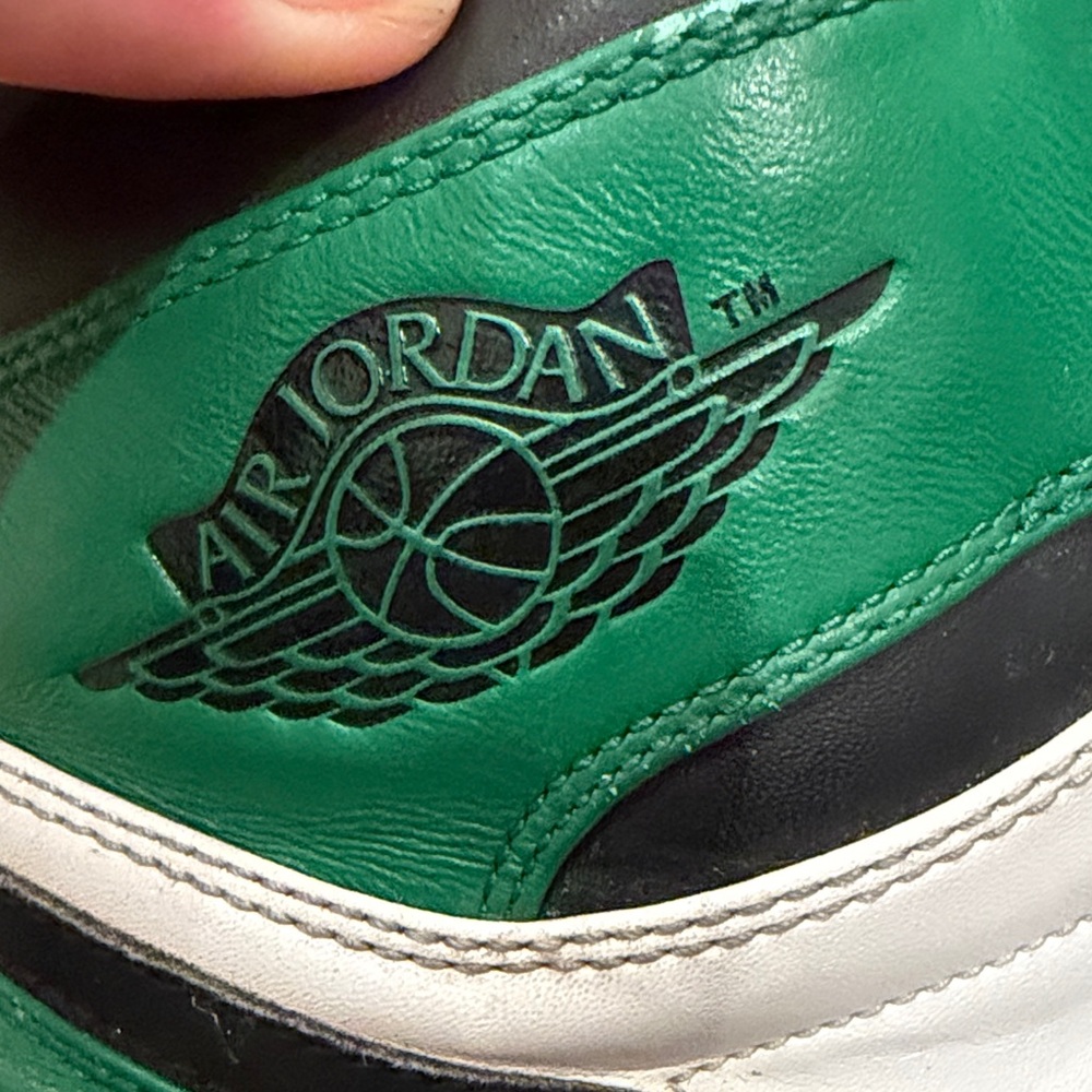 Air Jordan Black, Green and White High-Top Sneakers with Green Laces - Picture 10 of 15